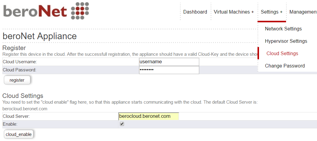 beroNet Appliance 2.0 in the Cloud: Screenshot 1