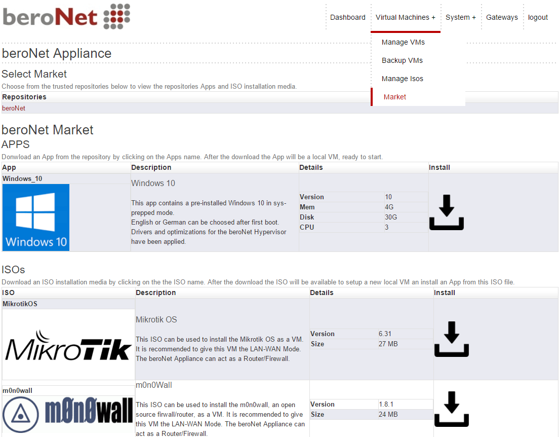 Installing an application from the beroNet market