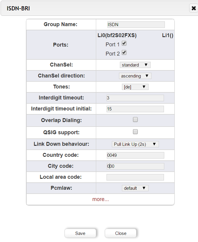 Ensuite, rendez-vous dans l’onglet « ISDN BRI » du menu « PSTN+ ». Créez deux groupes de ports,l’un pour les ports NT, le second pour les ports TE.